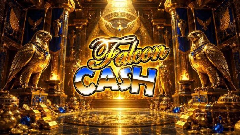 Escenario dorado de Falcon Cash con halcones y lingotes
